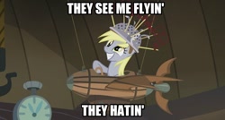 Size: 500x268 | Tagged: dead source, safe, imported from derpibooru, derpy hooves, pegasus, pony, slice of life (episode), 100th episode, chamillionaire, colander, female, image macro, mare, meme, muffin 1, plane, ridin, ridin dirty, solo