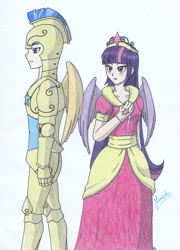 Size: 2153x2998 | Tagged: safe, artist:yumeiko-chan, imported from derpibooru, flash sentry, twilight sparkle, twilight sparkle (alicorn), human, armor, blushing, clothes, dress, female, flashlight, humanized, male, shipping, straight, winged humanization