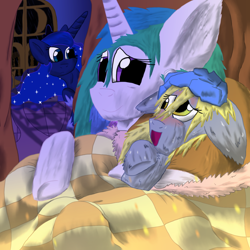 Size: 1024x1024 | Tagged: safe, artist:firefanatic, imported from derpibooru, derpy hooves, princess celestia, princess luna, pegasus, pony, bed, cuddling, female, fever, fluffy, ice pack, mare, snuggling