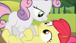 Size: 1600x900 | Tagged: safe, imported from derpibooru, screencap, apple bloom, sweetie belle, earth pony, pony, unicorn, brotherhooves social, duo, female, filly, foal, looking at each other, looking at someone, lying down, on back, out of context