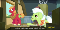 Size: 1920x960 | Tagged: safe, imported from derpibooru, screencap, big macintosh, granny smith, earth pony, pony, brotherhooves social, male, meme, stallion, youtube caption