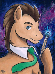 Size: 450x600 | Tagged: safe, artist:aokibengal, imported from derpibooru, doctor whooves, time turner, pony, doctor who, hoof hold, male, solo, sonic screwdriver, stallion, traditional art