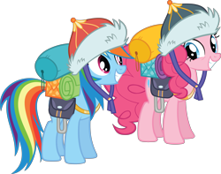 Size: 12097x9544 | Tagged: safe, artist:gen-ma, imported from derpibooru, pinkie pie, rainbow dash, earth pony, pegasus, pony, the lost treasure of griffonstone, .svg available, absurd resolution, bags, cute, dashabetes, diapinkes, duo, equipment, female, hat, looking at each other, mare, mongolian shepherd hat, simple background, smiling, transparent background, vector