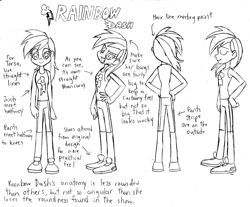 Size: 2966x2456 | Tagged: safe, artist:trinityinyang, imported from derpibooru, rainbow dash, human, female, humanized, monochrome, reference sheet, solo, traditional art