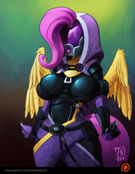 Size: 791x1024 | Tagged: safe, artist:zwitterkitsune, imported from derpibooru, fluttershy, anthro, quarian, breasts, busty fluttershy, clothes, costume, crossover, eezo is magic, face not visible, female, mass effect, my waifus have fused, patreon, solo, spread wings, tali'zorah vas normandy