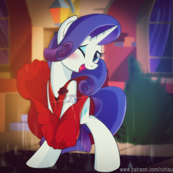 Size: 1000x1000 | Tagged: safe, artist:ruhisu, imported from derpibooru, rarity, pony, bedroom eyes, bipedal, blushing, building, clothes, covering, dress, female, jewelry, looking at you, manehattan, mare, marilyn monroe, open mouth, patreon, red dress, skirt, smiling, solo, standing, street, the seven year itch, vent, wink