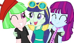 Size: 800x473 | Tagged: dead source, safe, artist:doroshll, imported from derpibooru, blueberry cake, drama letter, mystery mint, watermelody, equestria girls, background human