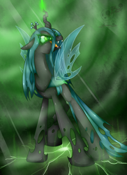 Size: 1700x2338 | Tagged: safe, artist:bloody-pink, imported from derpibooru, queen chrysalis, changeling, changeling queen, crown, female, glowing eyes, glowing horn, jewelry, regalia, solo