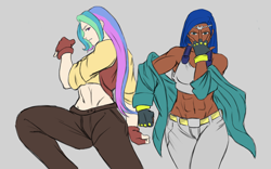 Size: 1440x900 | Tagged: safe, artist:eve-ashgrove, imported from derpibooru, princess celestia, princess luna, human, abs, armpits, battle tendency, caesar zeppeli, dark skin, humanized, jojo pose, jojo's bizarre adventure, joseph joestar, muscles, princess muscle moona, simple background