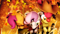 Size: 1920x1080 | Tagged: safe, artist:sourcerabbit, imported from derpibooru, apple bloom, scootaloo, sweetie belle, 3d, adorabloom, apple, autumn, bucket, cute, cutealoo, cutie mark crusaders, diasweetes, falling leaves, female, filly, foal, food, leaves, sleeping, source filmmaker, sweet dreams fuel, wheat