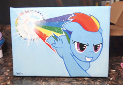 Size: 754x521 | Tagged: safe, artist:stripeybelly, imported from derpibooru, rainbow dash, acrylic painting, female, painting, solo, sonic rainboom, traditional art