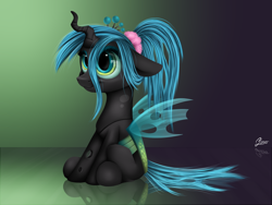 Size: 1600x1200 | Tagged: safe, artist:luminousdazzle, imported from derpibooru, queen chrysalis, changeling, changeling queen, nymph, alternate hairstyle, crown, cute, cutealis, female, floppy ears, jewelry, ponytail, regalia, scrunchie, sitting, smiling, solo, young, younger