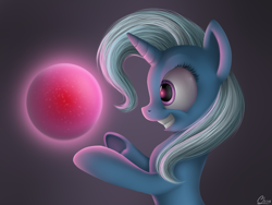 Size: 1600x1200 | Tagged: safe, artist:luminousdazzle, imported from derpibooru, trixie, pony, unicorn, ball, eye reflection, female, glowing, grin, magic, mare, reflection, solo, sphere