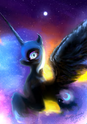 Size: 1000x1412 | Tagged: safe, artist:shakuchan, imported from derpibooru, nightmare moon, alicorn, female, flying, looking at you, moon, night, solo, stars