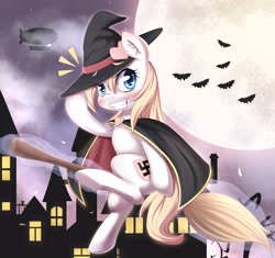 Size: 2064x1944 | Tagged: safe, artist:aryanne, imported from derpibooru, oc, oc only, oc:aryanne, bat, cat, earth pony, pony, blushing, broom, cloak, clothes, crest, female, flying, flying broomstick, fog, full moon, halloween, hat, heart, magic, moon, nazi, night, riding, sitting, smiling, solo, spooky, swastika, town, tree, witch, zeppelin