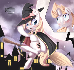 Size: 2064x1944 | Tagged: safe, artist:aryanne, imported from derpibooru, oc, oc only, oc:aryanne, oc:franziska, bat, cat, earth pony, pony, unicorn, aryan, aryan pony, aryanbetes, blonde, blushing, broom, cloak, clothes, comic, crest, cute, female, flying, flying broomstick, fog, full moon, halloween, hat, heart, levitation, looking down, magic, moon, nazi, nazipone, night, riding, sitting, smiling, spooky, swastika, sweat, tongue out, town, tree, witch, zeppelin