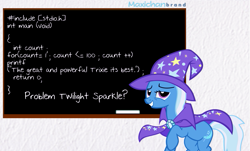 Size: 763x460 | Tagged: safe, artist:maxiblash, imported from derpibooru, trixie, pony, unicorn, boasting, c, chalkboard, code, error, female, mare, programming, smirk, solo, trollface