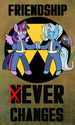 Size: 768x1280 | Tagged: safe, artist:lima-hibiki, imported from derpibooru, trixie, twilight sparkle, alicorn, pony, fallout equestria, clothes, fallout, female, jumpsuit, mare, parody, twilight sparkle (alicorn), vault boy, vault suit, videogame meme, war never changes