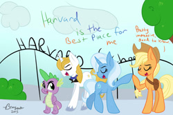 Size: 1024x683 | Tagged: safe, artist:lynchristina, imported from derpibooru, applejack, prince blueblood, rarity, spike, trixie, pony, unicorn, female, harvard university, legally blonde, mare, parody