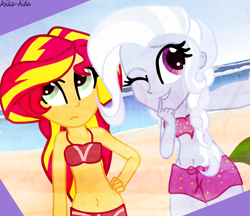 Size: 2082x1802 | Tagged: safe, artist:asika-aida, imported from derpibooru, sunset shimmer, trixie, equestria girls, beach, belly button, selfie