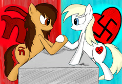 Size: 1300x900 | Tagged: safe, artist:truret, imported from derpibooru, oc, oc only, oc:aryanne, oc:maría teresa de los ponyos paguetti, earth pony, pony, arm wrestling, contest, divided, female, fire, germany, heart, heaven, nazi, serious face, spain, swastika, table