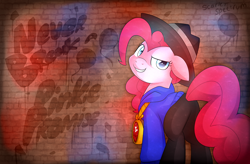 Size: 4200x2759 | Tagged: safe, artist:scarlet-spectrum, imported from derpibooru, pinkie pie, testing testing 1-2-3, clothes, female, graffiti, hat, looking back, mc pinkie, pants, pinkie promise, rapper pie, solo, thug life