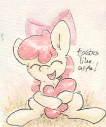 Size: 690x826 | Tagged: safe, artist:slightlyshade, imported from derpibooru, apple bloom, eyes closed, female, happy, sitting, solo, traditional art