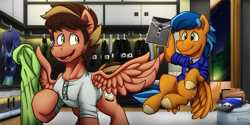 Size: 1245x622 | Tagged: safe, artist:bcpony, imported from derpibooru, oc, oc only, oc:lightning rider, oc:swiftdust, pegasus, pony, mailpony, male, outfit