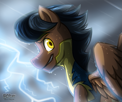 Size: 987x826 | Tagged: safe, artist:bcpony, imported from derpibooru, oc, oc only, oc:lightning rider, pegasus, pony, discorded, male, rain, solo, wet, wonderbolt trainee uniform