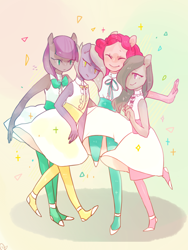 Size: 768x1024 | Tagged: safe, artist:torii, imported from derpibooru, limestone pie, marble pie, maud pie, pinkie pie, anthro, ambiguous facial structure, clothes, dress, pie sisters, pixiv, sisters