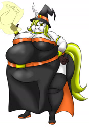 Size: 1100x1580 | Tagged: safe, artist:mad'n evil, imported from derpibooru, oc, oc only, oc:aurora industry (ic), anthro, changeling, bbw, big breasts, breasts, chubby cheeks, chunkling, fat, female, halloween, huge belly, huge breasts, obese, solo, ssbbw, white changeling, witch