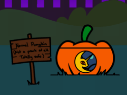 Size: 648x486 | Tagged: safe, artist:flutterluv, imported from derpibooru, princess luna, animated, blinking, chibi, cute, female, jack-o-lantern, pumpkin, seems legit, sign, solo