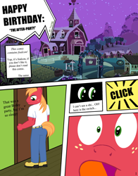 Size: 1840x2352 | Tagged: safe, artist:tolpain, imported from derpibooru, big macintosh, anthro, comic:happy birthday: the afterparty, clothes, colored, dialogue, explicit source, sweet apple acres