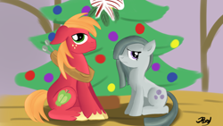 Size: 1280x720 | Tagged: safe, artist:jbond, imported from derpibooru, big macintosh, marble pie, earth pony, pony, hearthbreakers, christmas, christmas tree, duo, female, male, marblemac, mare, mistletoe, shipping, signature, stallion, straight, tree