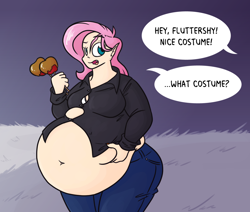 Size: 1280x1083 | Tagged: dead source, safe, artist:bigponiesinc, imported from derpibooru, fluttershy, bat pony, human, vampire, ask feedee twilight, bbw, belly, belly button, belly grab, big belly, candy apple (food), caramel apple (food), chubby, clothes, elf ears, fangs, fat, fattershy, female, flubberbat, flutterbat, food, halloween, humanized, jeans, nightmare night, obese, pants, solo