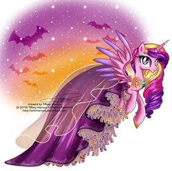 Size: 1376x1370 | Tagged: safe, artist:tiffanymarsou, imported from derpibooru, princess cadance, bat, clothes, dress, female, flying, halloween, raised hoof, solo, spread wings