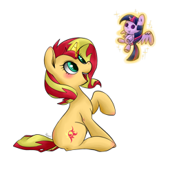 Size: 1000x1000 | Tagged: safe, artist:phyllismi, imported from derpibooru, sunset shimmer, twilight sparkle, alicorn, pony, unicorn, backwards cutie mark, blushing, crush plush, female, implied sunsetsparkle, open mouth, plushie, sitting, solo, twilight sparkle (alicorn)