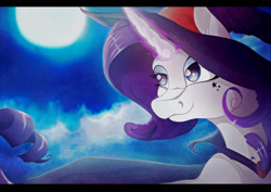 Size: 800x566 | Tagged: safe, artist:oobrushstrokeoo, imported from derpibooru, rarity, female, glowing horn, hat, moon, night, solo, witch hat