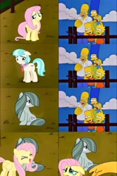 Size: 552x824 | Tagged: safe, artist:caretas, imported from derpibooru, coco pommel, fluttershy, marble pie, earth pony, pegasus, pony, hearthbreakers, abuse, blushing, crossover, crying, female, flutterbuse, mare, slap, the council of shy ponies, the simpsons