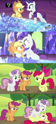 Size: 960x2118 | Tagged: safe, imported from derpibooru, screencap, apple bloom, applejack, rarity, scootaloo, sweetie belle, brotherhooves social, made in manehattan, comic, cutie mark crusaders, discovery family logo, grin, personal space invasion, pounce, runs in the family, shipping fuel, siblings