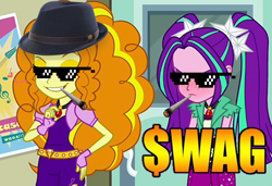 Size: 1260x864 | Tagged: safe, artist:dannydsi3d, edit, imported from derpibooru, adagio dazzle, aria blaze, equestria girls, rainbow rocks, 420, adagio dazzled, adaria, aria blazed, blunt, drugs, fedora, female, glasses, hat, lesbian, marijuana, mlg, remastered, shipping, sunglasses, swag