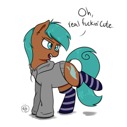 Size: 1280x1280 | Tagged: safe, artist:notenoughapples, imported from derpibooru, oc, oc only, oc:apples, annoyed, clothes, cute, hoodie, socks, solo, striped socks, unamused, vulgar