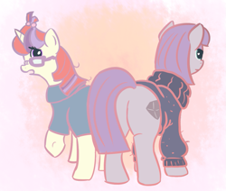 Size: 991x839 | Tagged: safe, artist:tanmansmantan, imported from derpibooru, maud pie, moondancer, earth pony, pony, unicorn, butt, butt envy, clothes, clothes swap, duo, plot, the ass was fat