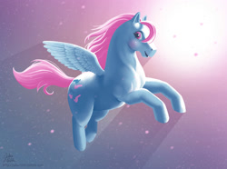 Size: 2000x1488 | Tagged: safe, artist:hinchen, imported from derpibooru, wind whistler, crepuscular rays, female, flying, g1, jumping, looking at you, open mouth, solo, spread wings