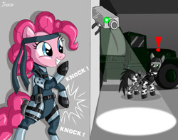 Size: 1024x807 | Tagged: safe, artist:jrenon, imported from derpibooru, pinkie pie, camera, clothes, crossover, distraction, exclamation point, famas, genome soldier, knocking, konami, metal gear, metal gear solid, solid snake, suit, truck