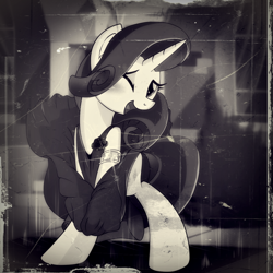 Size: 1000x1000 | Tagged: safe, artist:ruhisu, imported from derpibooru, rarity, pony, unicorn, bedroom eyes, black and white, blow, clothes, female, film grain, grayscale, manehattan, mare, marilyn monroe, patreon, skirt, solo, standing, the seven year itch, vent, vintage, wind, wink