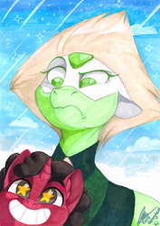 Size: 700x989 | Tagged: safe, artist:dvixie, deleted from derpibooru, imported from derpibooru, peridot (steven universe), ponified, smiling, steven quartz universe, steven universe, traditional art