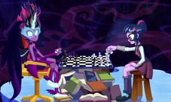 Size: 1155x692 | Tagged: safe, artist:h-stallionwolf, imported from derpibooru, sci-twi, twilight sparkle, equestria girls, friendship games, book, chess, duality, duo female, female, match, midnight sparkle, mind control, self paradox, the seventh seal, torture