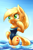 Size: 1262x1920 | Tagged: safe, artist:lovelyneckbeard, imported from derpibooru, applejack, anthro, semi-anthro, blue swimsuit, clothes, day, female, hind legs, legs in the water, legs together, looking up, one-piece swimsuit, solo, swimsuit, water