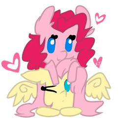 Size: 1500x1500 | Tagged: safe, artist:sugaryumyum, imported from derpibooru, fluttershy, pinkie pie, female, flutterpie, heart, lesbian, prone, shipping, wrong aspect ratio